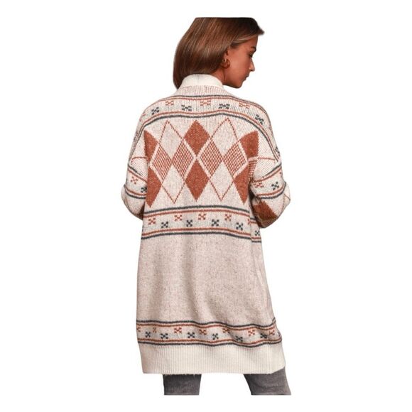 Lulu's Anchorage Long Line Cardigan Sweater Cream Argyle Inspired Print S - Picture 1 of 11